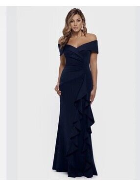 New Xscape Scuba Off-The-Shoulder Gown In Navy Size 6 $269
